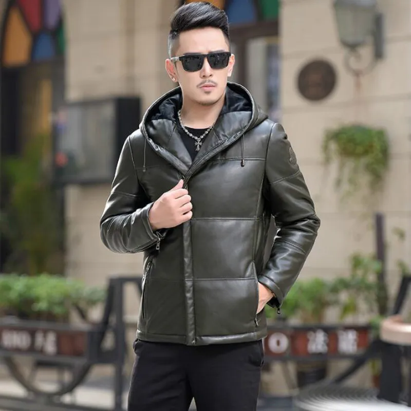 

2022 Men's Winter new leather down jacket men short slim Hooded leather Coat Korean youth casual Fashion male zipper jacket tide