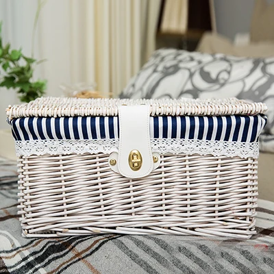 white stripe Креативная бамбуковая плетеная корзина для хранения с крышкой с замком для хранения одежды, коробка для хранения игрушек, органайзер, коробка для хранения - Цвет: white stripe