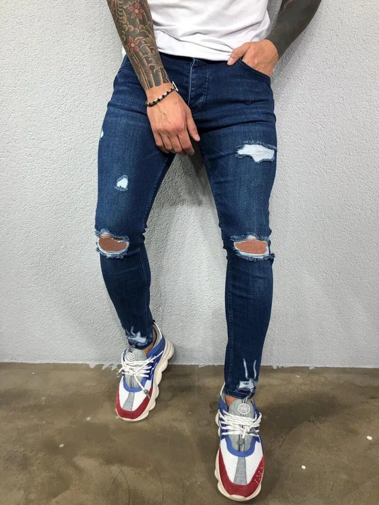 Men Ripped Jeans Skinny  High Street Style Elasticity Slim Frayed Casual Black Blue Gyms Jogger Track Knee Hole Denim