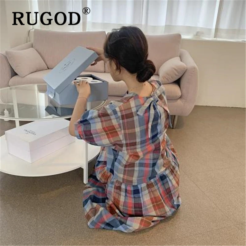 korean chic dress retro plaid long length dresses in stock now | Женская одежда