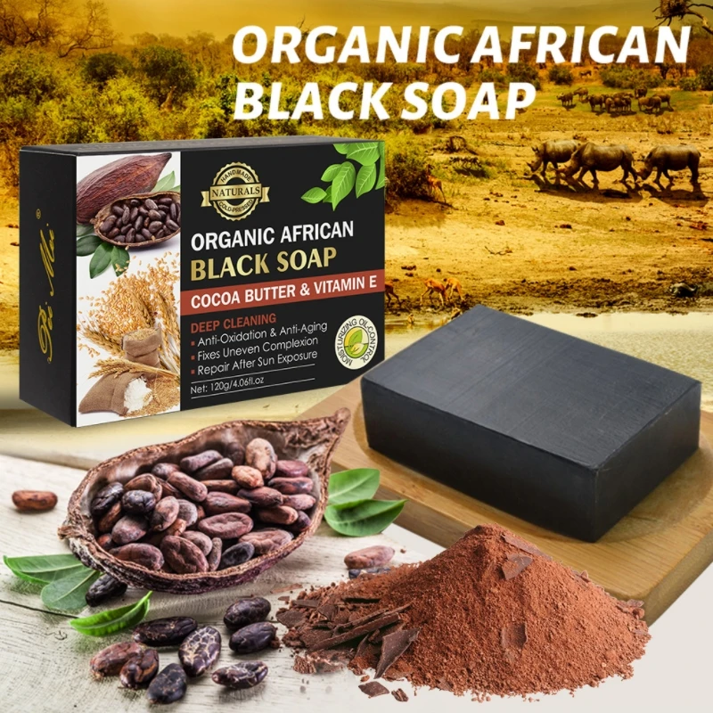 

2 Pcs Cocoa Bean Vitamin E Handmade Soap African Black Soap Organic Whitening Soap Remove Acne Deep Cleansing Soap Skin Care