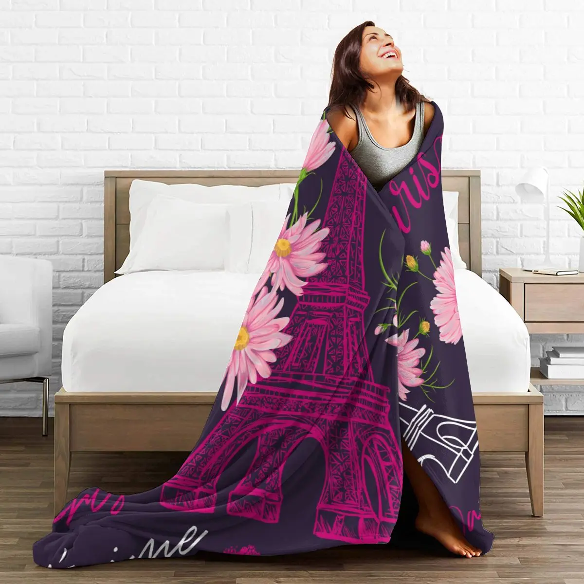 

Unique Blanket to Family Friends Vintage Eiffel Tower Kisses Hearts Style Durable Super Soft Comfortable for Home Gift Blanket
