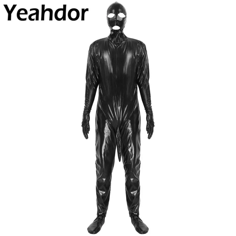 Мужской костюм для косплея цельный закрытый пенис оболочка блестящий металлик