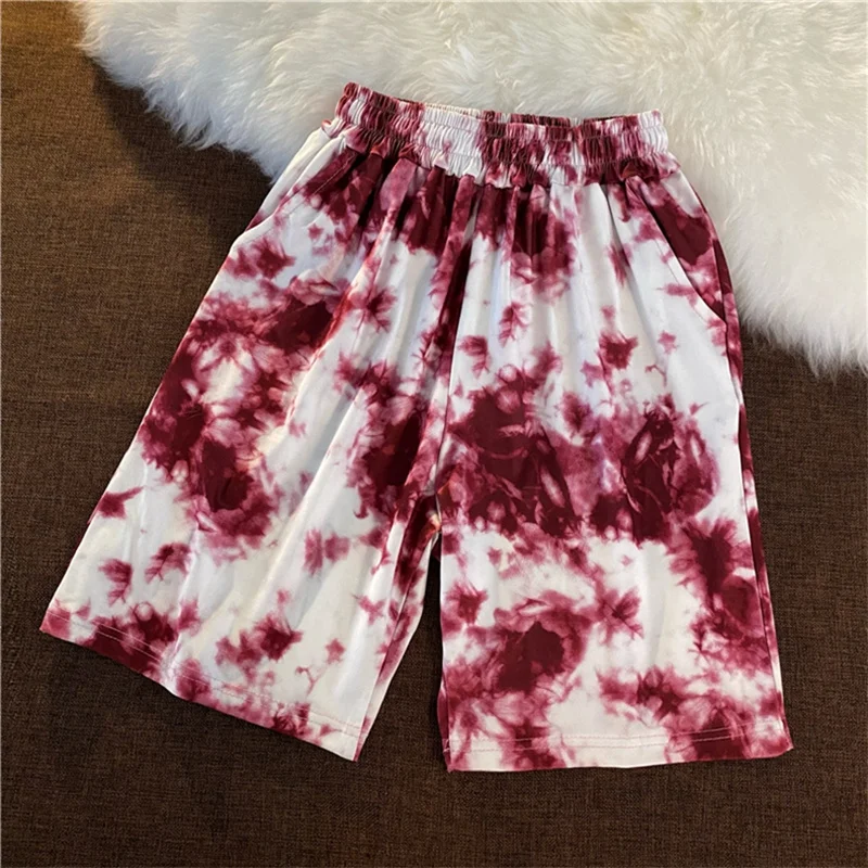 

EBAIHUI Tie-dye Knee Length Pants Wide-leg Shorts Summer Female Students Loose Harajuku Bf Wind High Waist Casual Sports Shorts