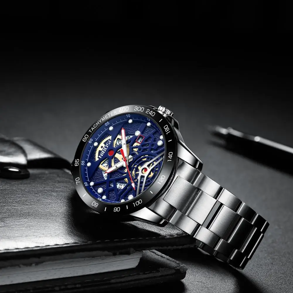 Наручные часы скелетоны NIBOSI из нержавеющей стали оригинальные наручные мужские