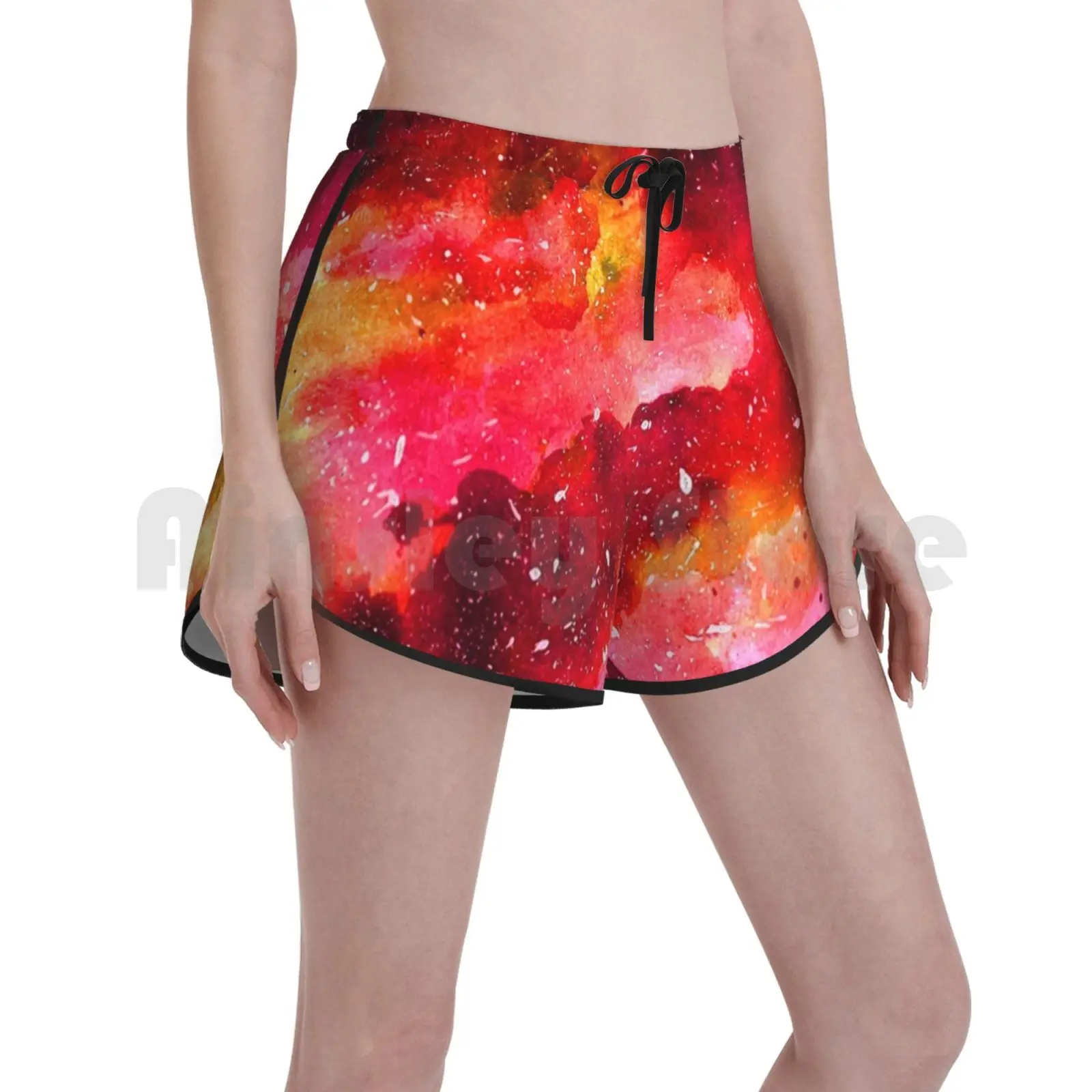 

Шорты для плавания Fireball женские, пляжные шорты, огненно-красные акварельные звезды, галактика, космос, Вселенная, планеты, желтые облака