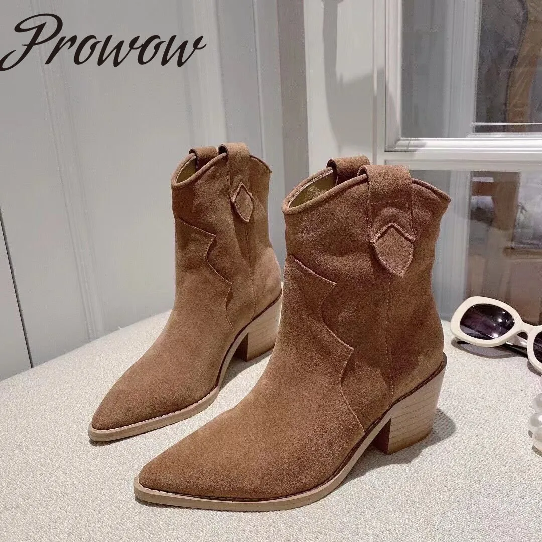 

Prowow New HIgh Quality Genuine Leather Khaki Tan Cowboy Boots Pointed Toe Boots With Heel Botas Mujer Shoes Women