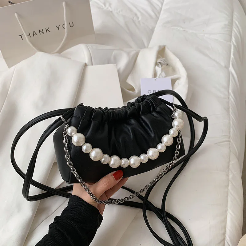 

Solid Color Chain false hand shoulder Bags for Women 2021 High Quality Pleated Women's Handbag Leather Small Crossbody Bag
