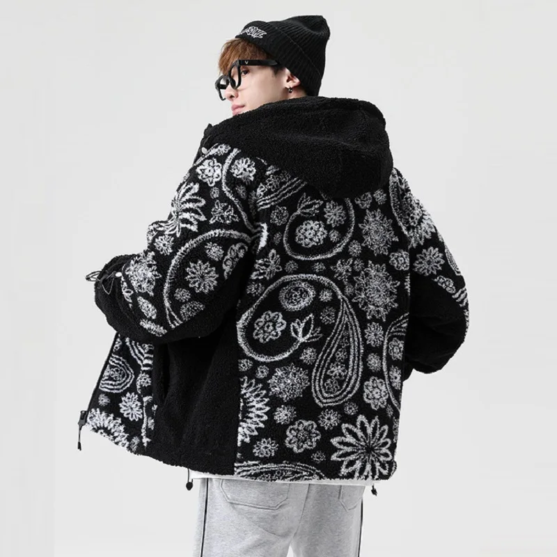 Couple Cashew Flower Imitation Lamb Wool Hooded Jacket 2021 Autumn and Winter Ins Loose Casual Embroidered Decorative Jacket Men