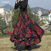 tiyihailey free shipping fashion long maxi a line elastic waist women cotton linen print flower s 2xl irregular autumn skirts