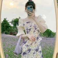 elegant french floral print dress romance puff sleeve women design evening party bodycon dresses slim summer female vestido