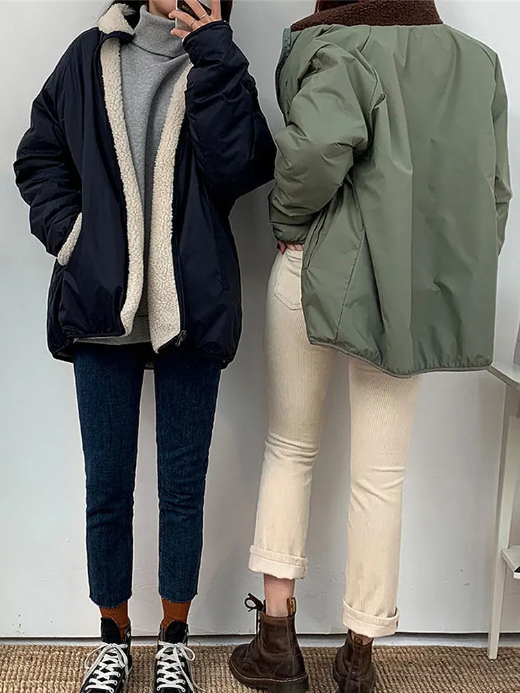 Women's Jacket Cropped Coat Winter Lamb Wool Casuals Fashion Oversize Clothing Warm Windproof Thicken Outwear Wear On Both Sides