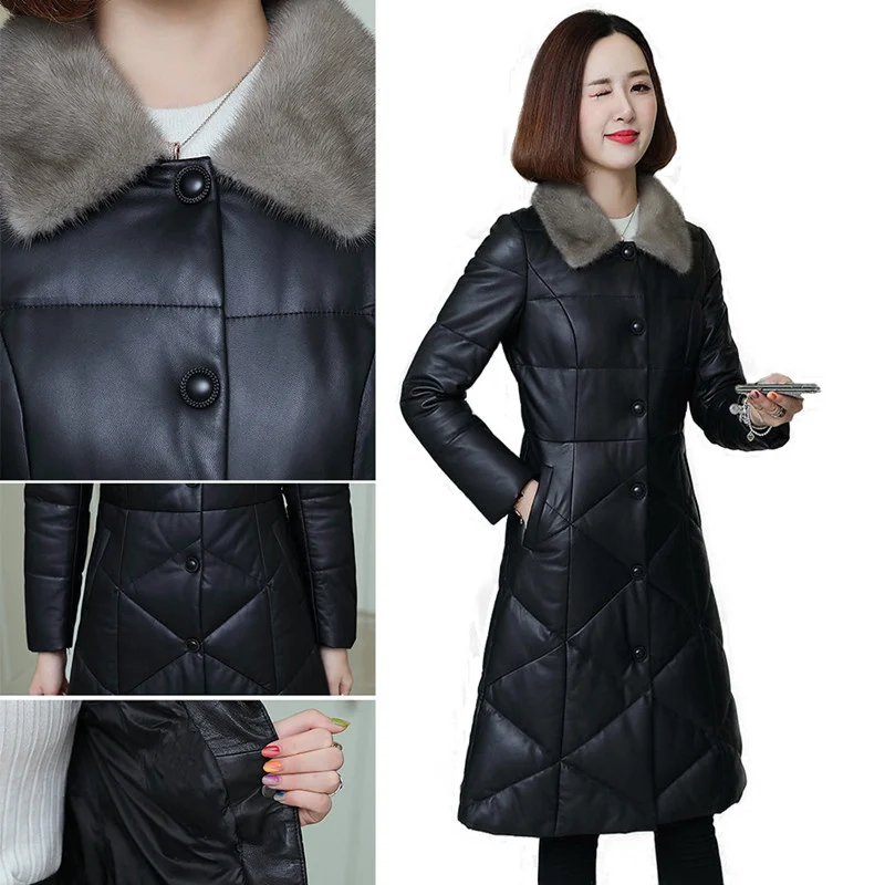 

Женский пуховик средней длины SHZQ, осенне-зимняя куртка из кожи и бархата, толстая водонепроницаемая куртка с меховым воротником и длинными ...