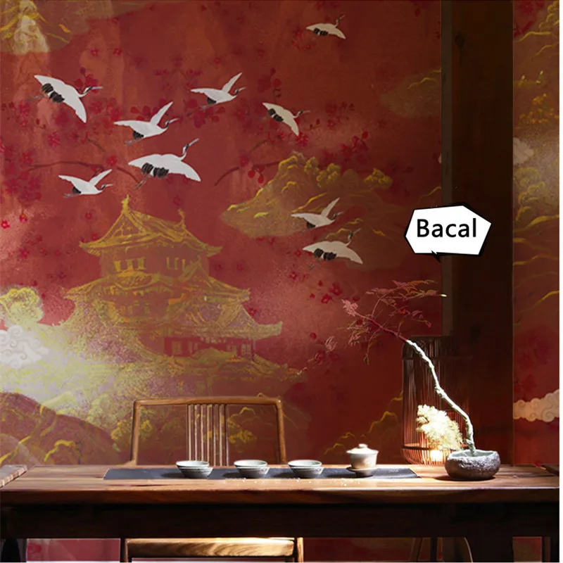 

Dark Red Crane National Style Wallpaper Chinese Wallpaper Bedroom Living Room Custom Mural Seamless Wallpaper Wall Decoration
