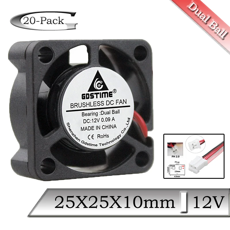 20 шт./лот Gdstime 12 в 25 мм 25x25x10 мм 2-контактный двойной шарикоподшипник корпус процессора бесколлекторный Вентилятор охлаждения постоянного тока 2,5 см 2510 мини-кулер радиатор