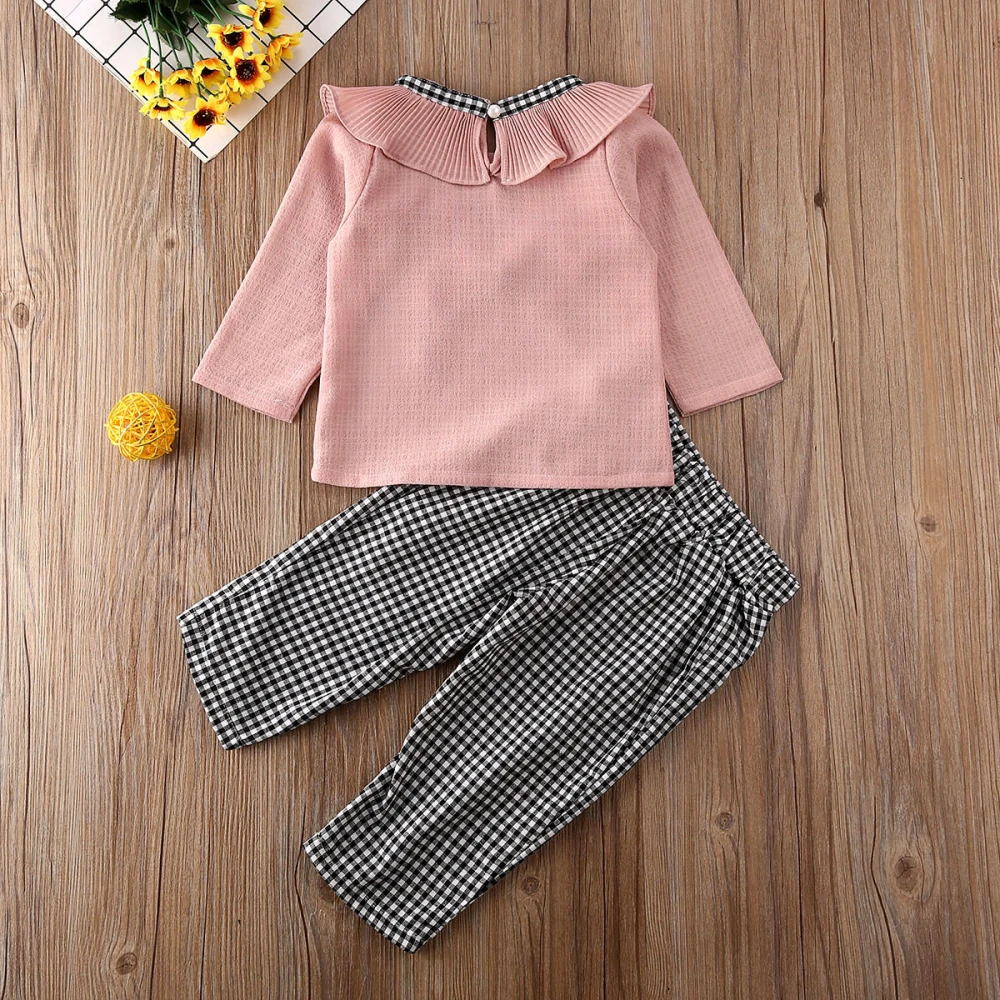 

Pudcoco 2020 Autumn 1-5Y Toddler Baby Girl 2Pcs Set Pink Ruffled Bow Long Sleeve Top+Plaid Buttons Pants Fashion Outfits