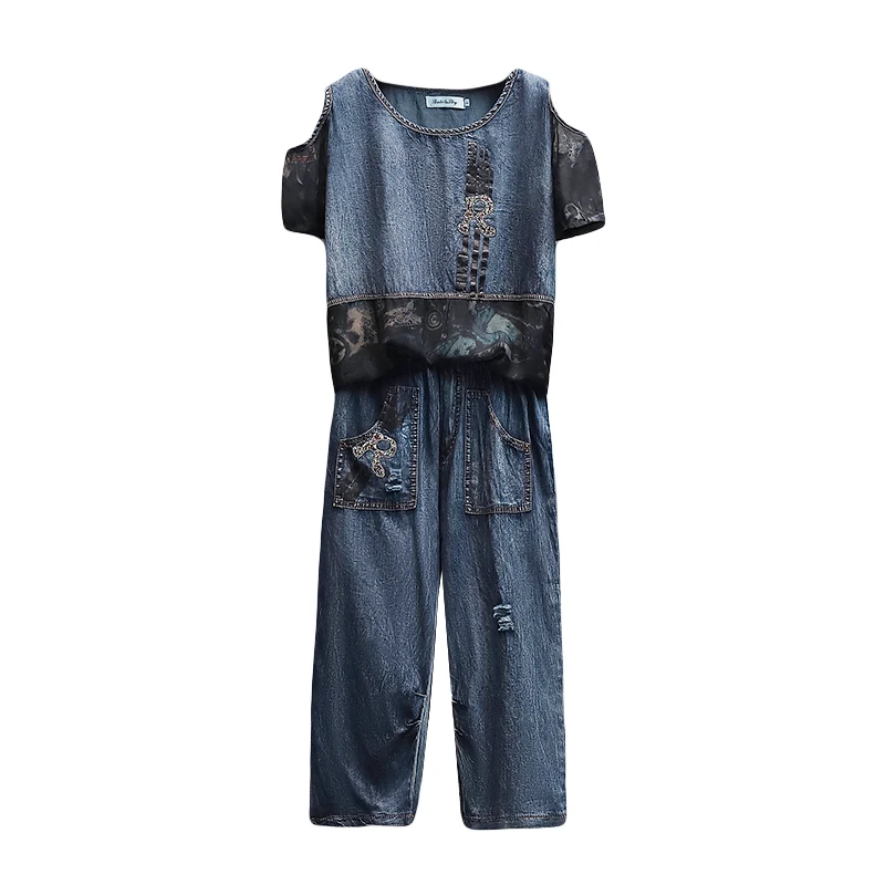 

Large Size Women'S Summer Wear New Western Style Cowboy Harlan Capris Denim Pants Leisure Fashion Outfit Casual Set Clothing