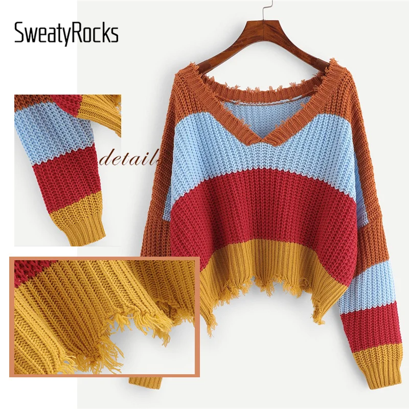 SweatyRocks цветной блок v-образный вырез необработанный край свитер женский консервативный цветной свитер уличная Осень Женские Повседневные свитера