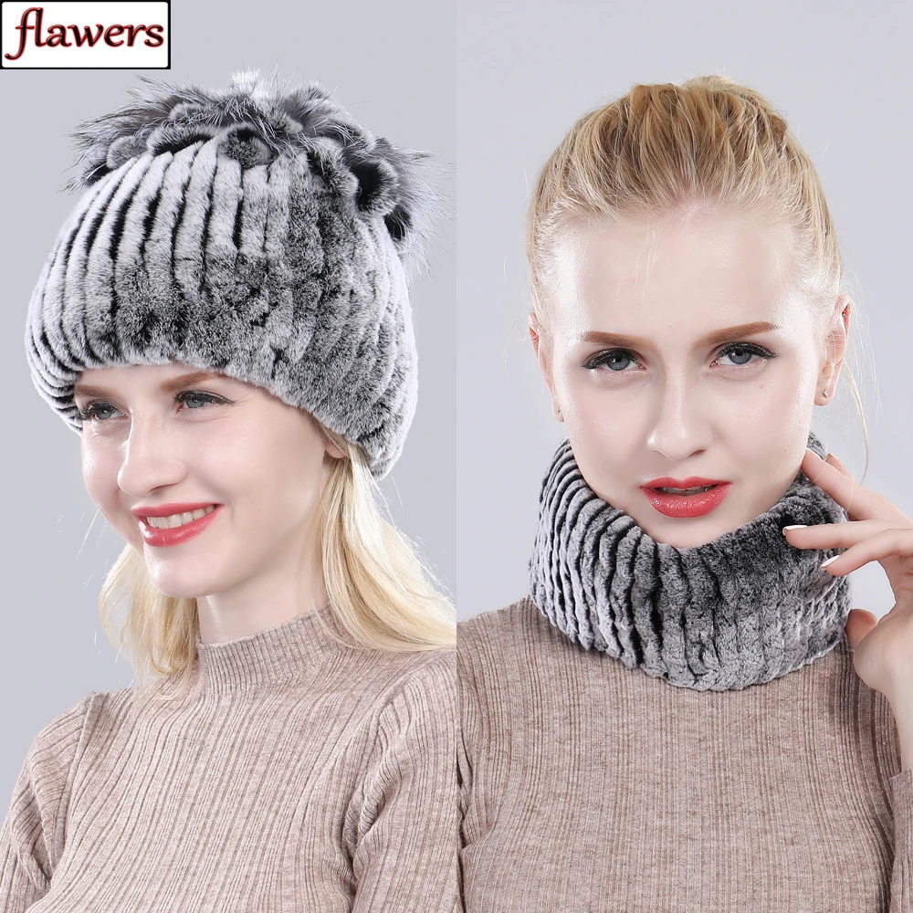 Зимний вязаный 100% натуральные меховые шапки наборы шарфов для женщин теплая