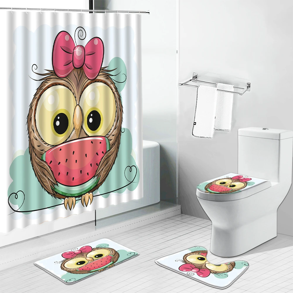 

Cartoon Animal Owl Flower Kid Shower Curtain Set Unicorn Elephant Whale Non-Slip Rug Toilet Lid Cover Bath Mat Bathroom Curtains