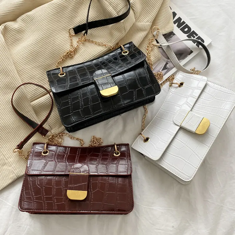 

New Fashion Chain Strap Handbags For Women Pu Leather Shoulder Bags 2021 Spring Stone Prints Crossbody Bag Square Female Bag