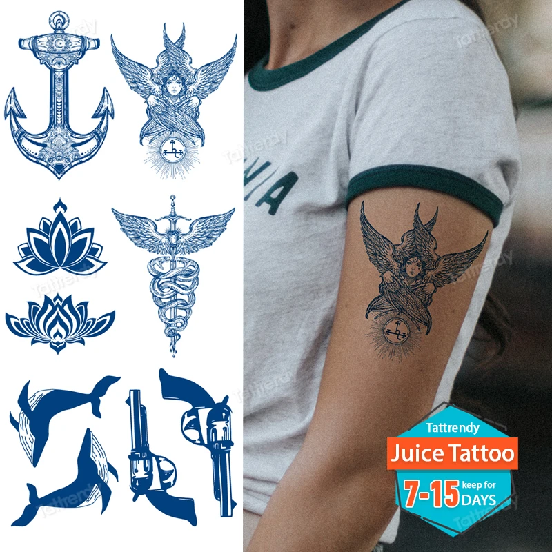 

Juice Ink Tattoo Angel Wings Lotus Whale Gun Temporary Tattoos Waterproof Long Lasting Blue Natural Body Art Tattoo for Women