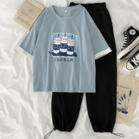 two piece set outfit women summer short sleeve letters tops pants comfort lounge wear casual loose t shirts cargo pants sets