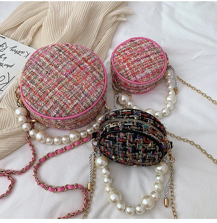 bolsos модные женские сумки-почтальон, круглая сумка на плечо, дизайнерская сумка через плечо, твидовые сумки для женщин, жемчужное колье, сумка