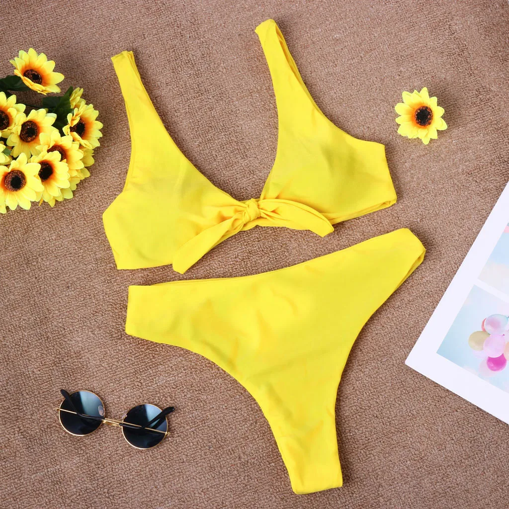 Женский комплект бикини с бантиком и глубоким v-образным вырезом из 2 предметов
