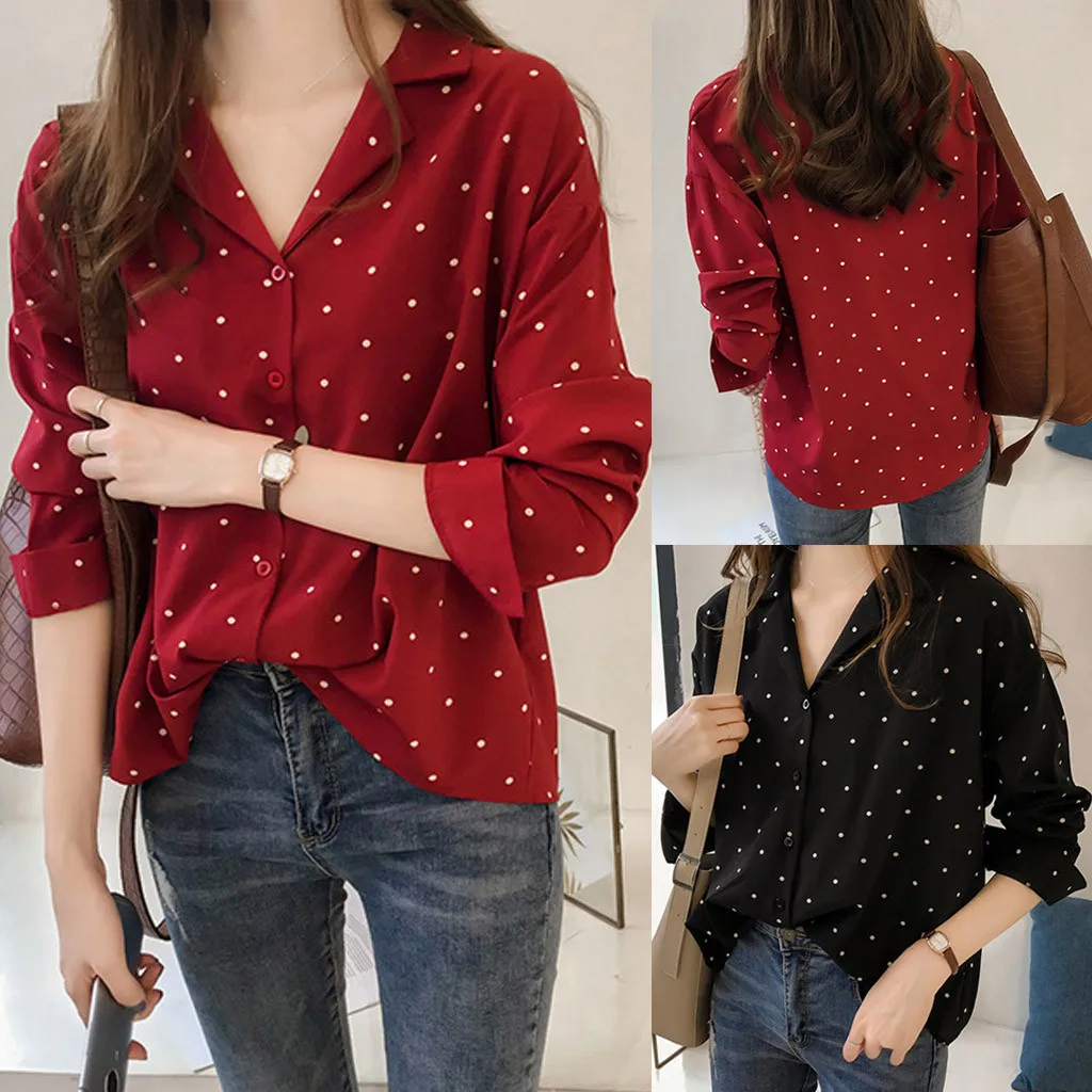

Women Polka Dot Print Shirts Casual Blouse Ladies Long Sleeve Turn Down Collar Office Work Button Tops Fashion 2021 Autumn Blusa