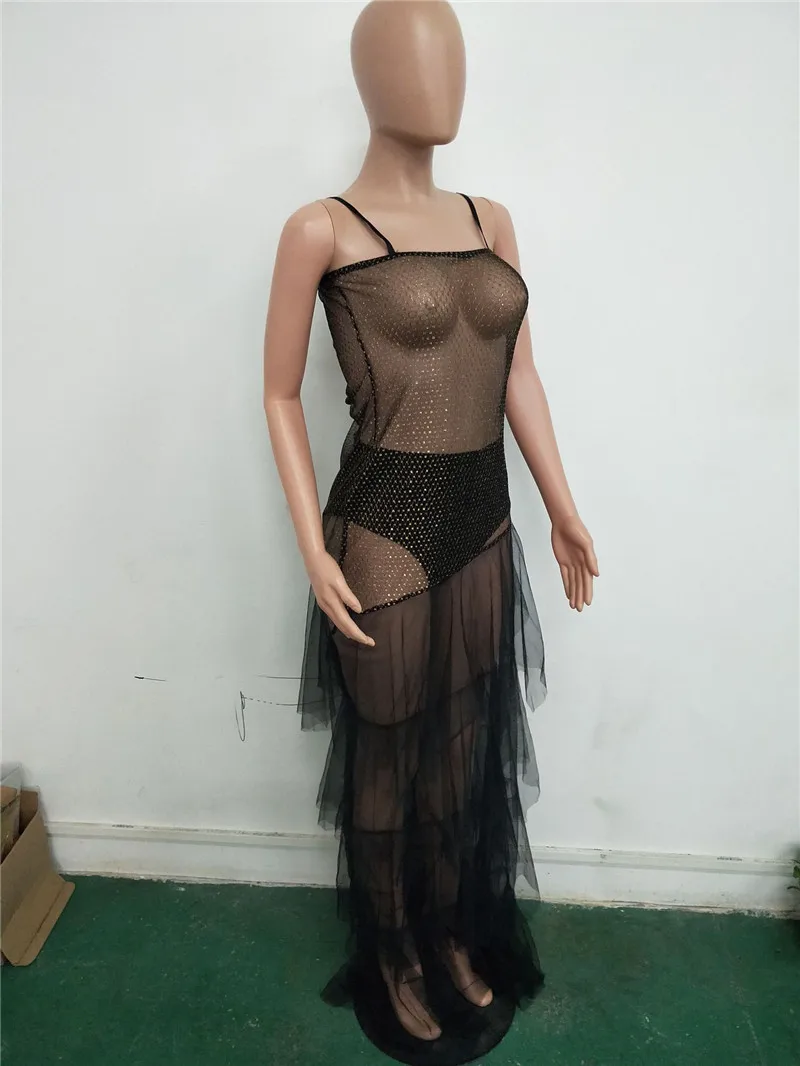 

Women Dress VestidoPlus Size S-3XL Diamonds Sheer Mesh Sexy Club Dress Cascading Ruffles Spaghetti Straps Long Summer Dresses
