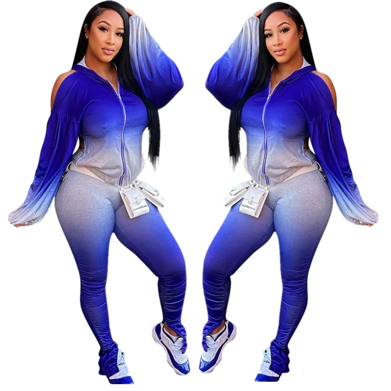 

Градиентная цветная печать для женщин пикантные туфли с низким вырезом на спине, комплект из двух предметов осень, толстовка с капюшоном и р...