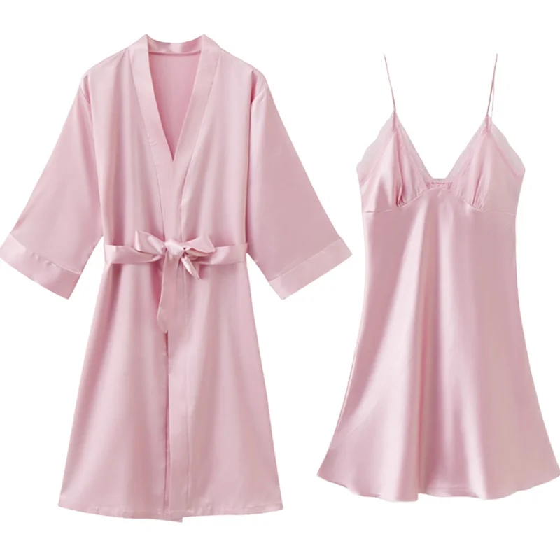 

Women Sleepwear Sexy Bathrobe Satin 2PCS Nighty&Robe Set With Lace Kimono Gown Bride Bridesmaid Wedding Robe Faux Silk Nightwear