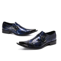 blue pointed toe oxford shoes men slip on buckle flats formal dress wedding leather shoes
