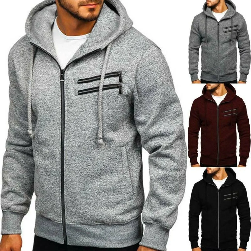 

Men Solid Drawstring Hooded Coat Sweatshirt Zip Outwear Winter Casual Jumper Top