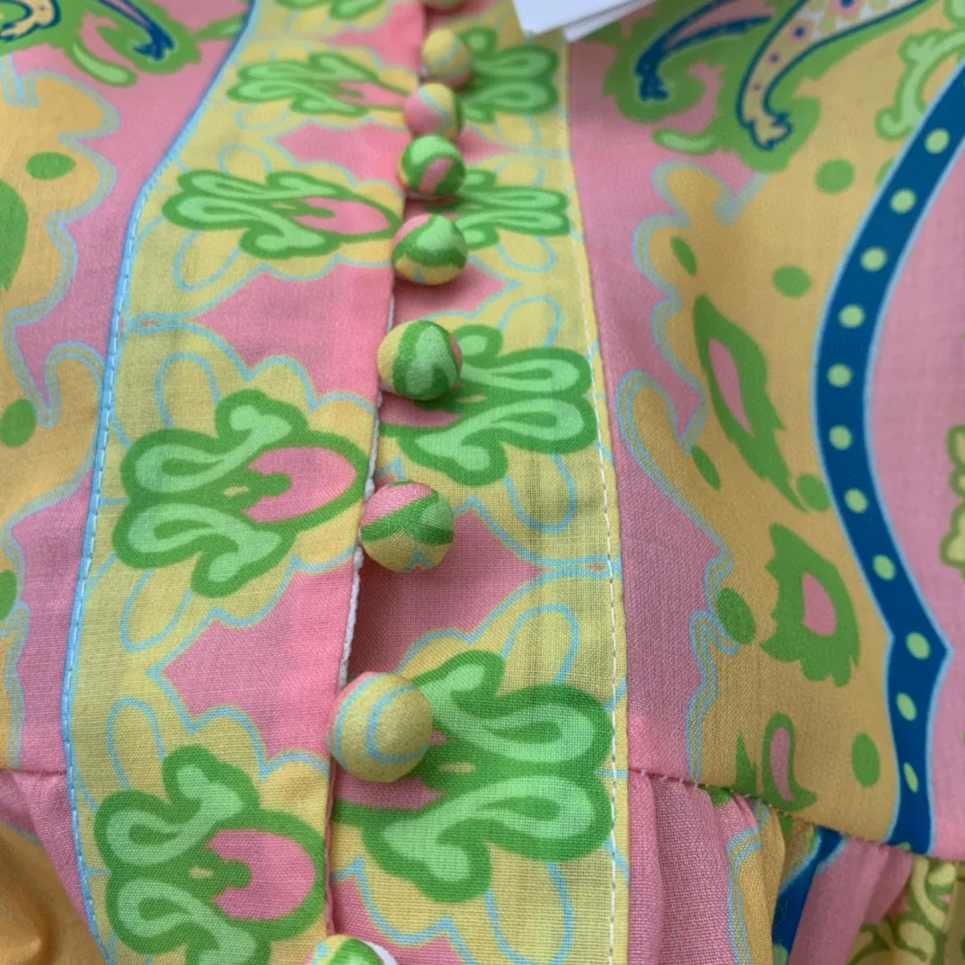 

High-quality fashion new high-end custom retro printing single-breasted lantern cuff belt temperament long skirt women