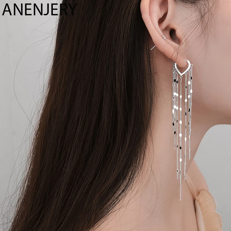 ANENJERY 925 пробы серебряная блестящая длинная кисточка цепочка серьги для женщин