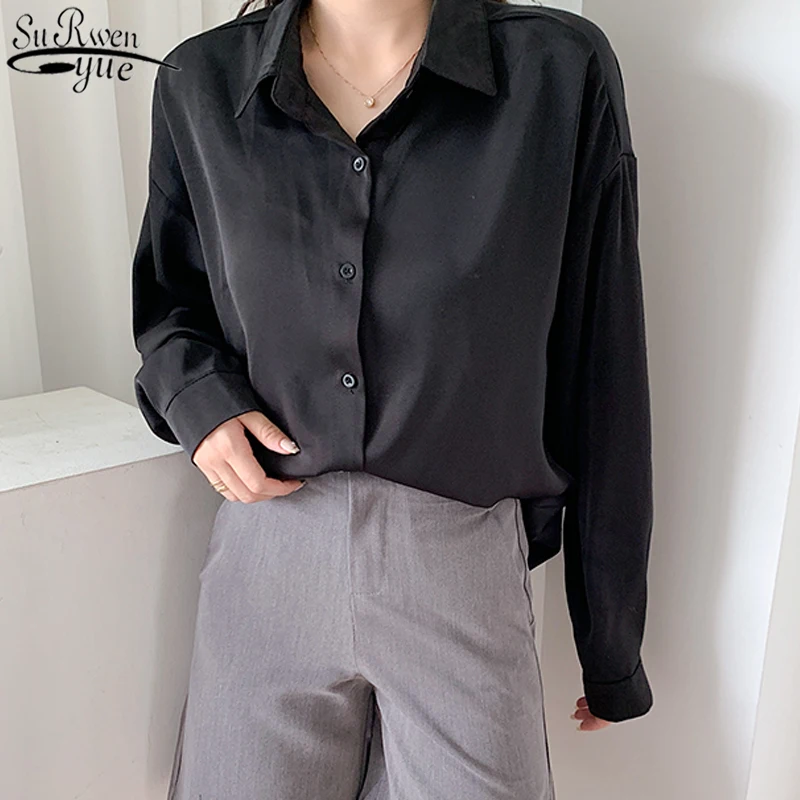 

Женская шелковая блузка, элегантная однобортная Свободная рубашка с длинным рукавом, в Корейском стиле, для офиса, на осень, 2021