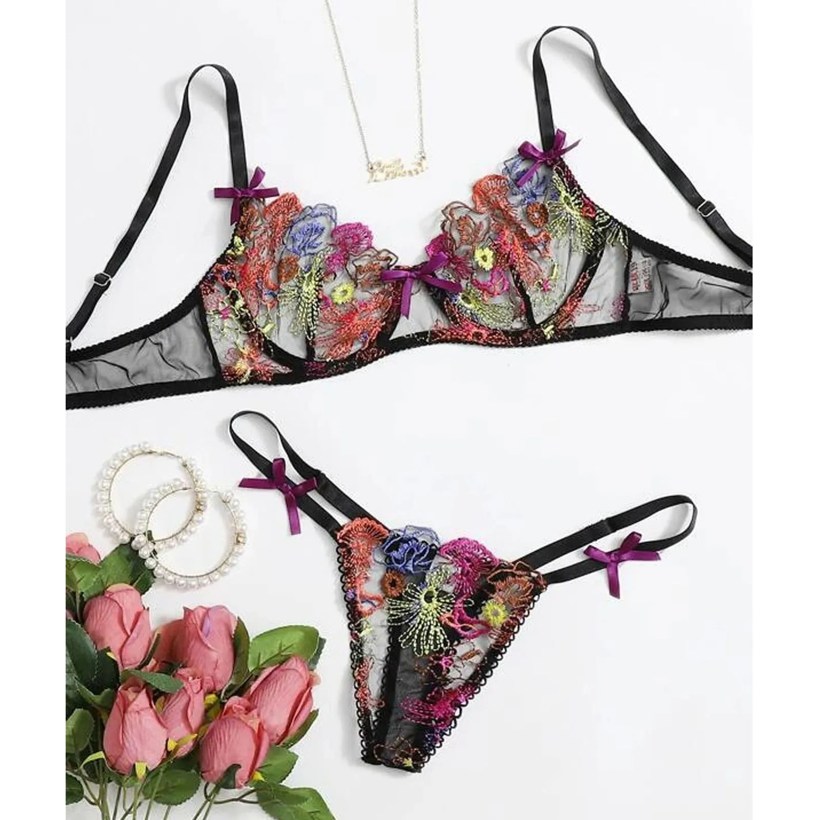 

Transparent Lingerie Sexy Set Woman 2 Pieces Floral Embroidery Lingerie Set Lace Underwear Set Underwire Push Up Bra Underwear