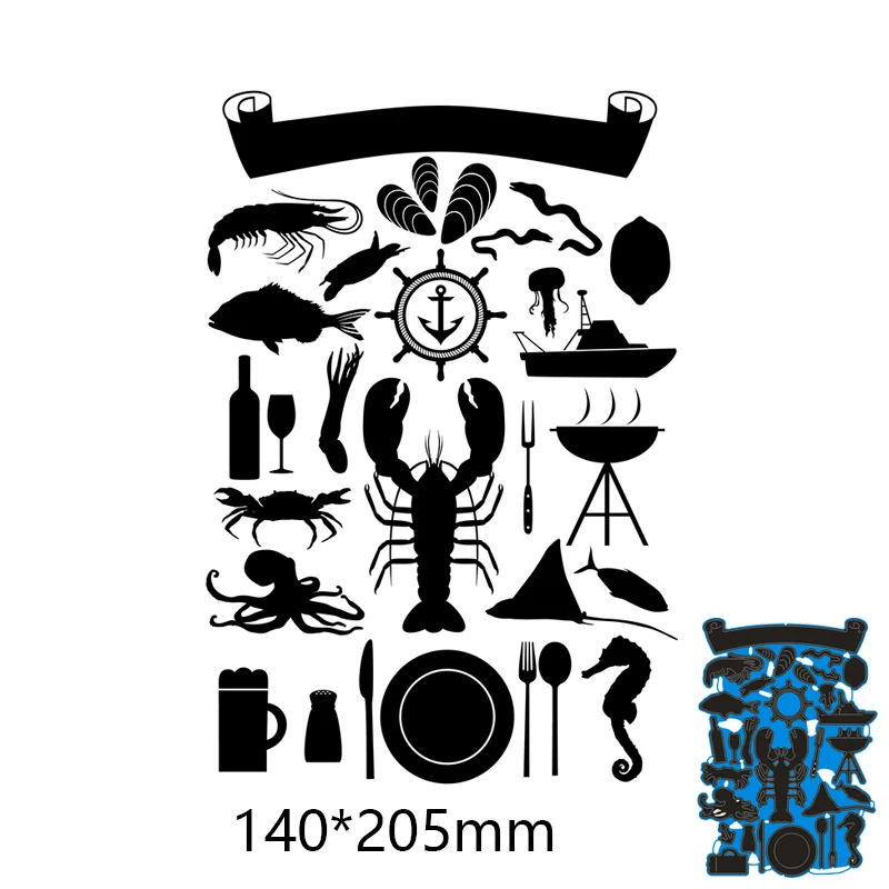 

New Metal Cutting Dies Lobster Fish Tableware Stencils For DIY Scrapbooking Paper Cards Craft Making Craft Decoration 140*205m