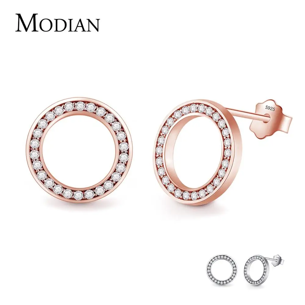 

Modian 2021 Solid 925 Sterling Silver Rose Gold Color Circle 3A Zircon Crystal Fashion Stud Earrings For Women Wedding Jewelry