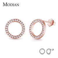 modian 2021 solid 925 sterling silver rose gold color circle 3a zircon crystal fashion stud earrings for women wedding jewelry