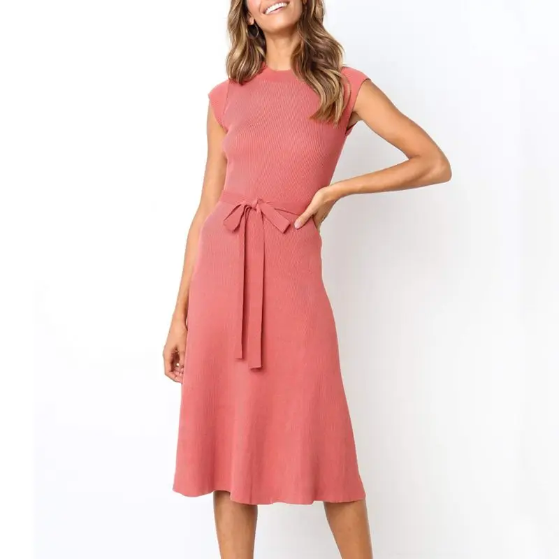 2019 лето осень вязаное офисное женское платье трапециевидной формы с рукавами