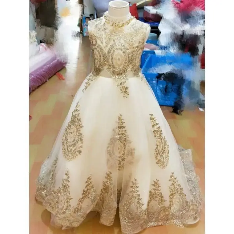 Golden Sequin Lace Girl Wedding Dress Long Flower Girl Dress Princess Party First Communion Gown Baby Girl Baptism Pageant Gown