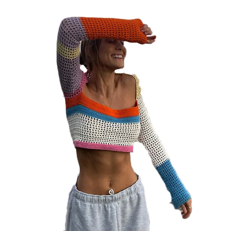 

Sweater Women Autumn 2021 New Multicolor Hollow Knit Short Loose Square Collar Long Sleeve Casual Fashion Tops M281