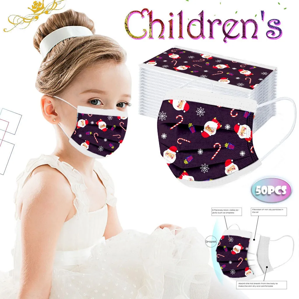 

50PCS Children Cute Christmas Printed Masks Boys Girls Disposable Protective Face Masks 3ply Mask For Kids Earloop Bandage Masks