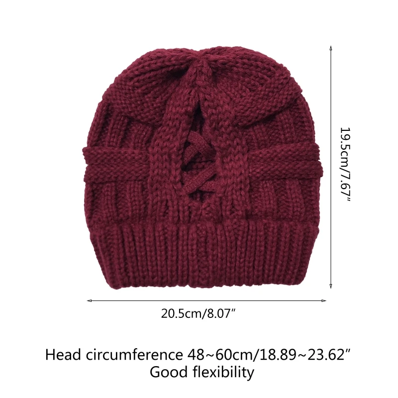 

Women Winter Crochet Cable Knitted Beanie Cap Solid Color Hollow Out Criss Cross Messy High Bun Ponytail Warm Skull Cap
