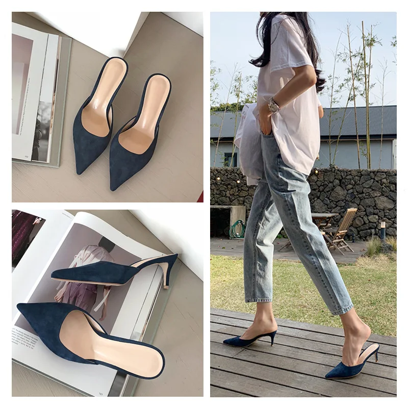 

Тапочки женские с закрытым носком, флоковые шлепанцы на шпильках, заостренный носок, сланцы, лаконичные уличные тапочки