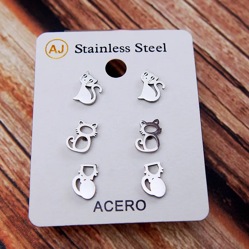 

New Ear-Studs Earrings Cat Kitten Hollow-Out Steel Mini Charming Silver Trendy Cute Sweet Vogue Gift Girl Party 3 Pairs T2011