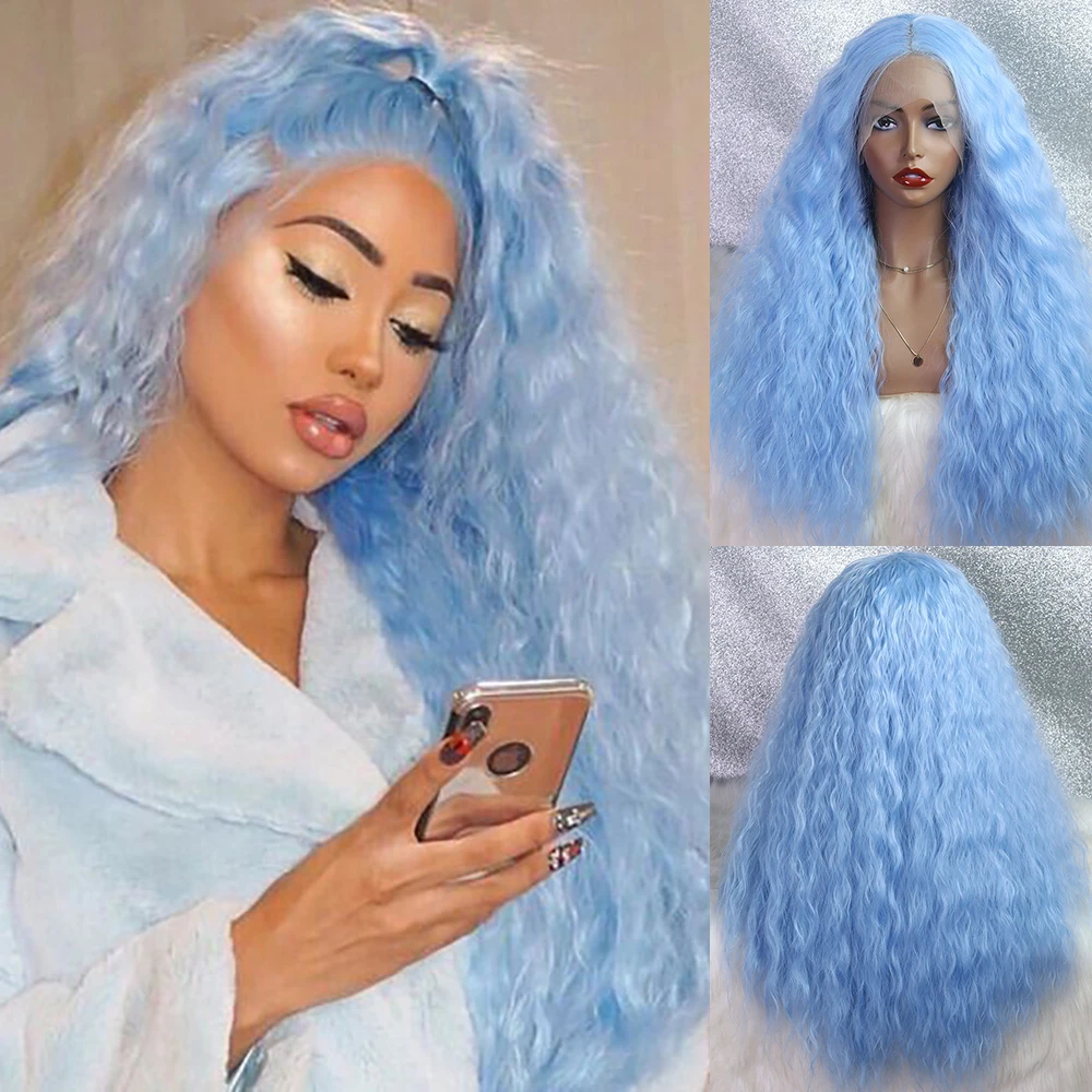

Sky Blue Wig Half Orange Black Synthetic Lace Front Wig Heat Resistant Green Gray Long Wavy Cosplay Wigs For Black Women EEWIGS